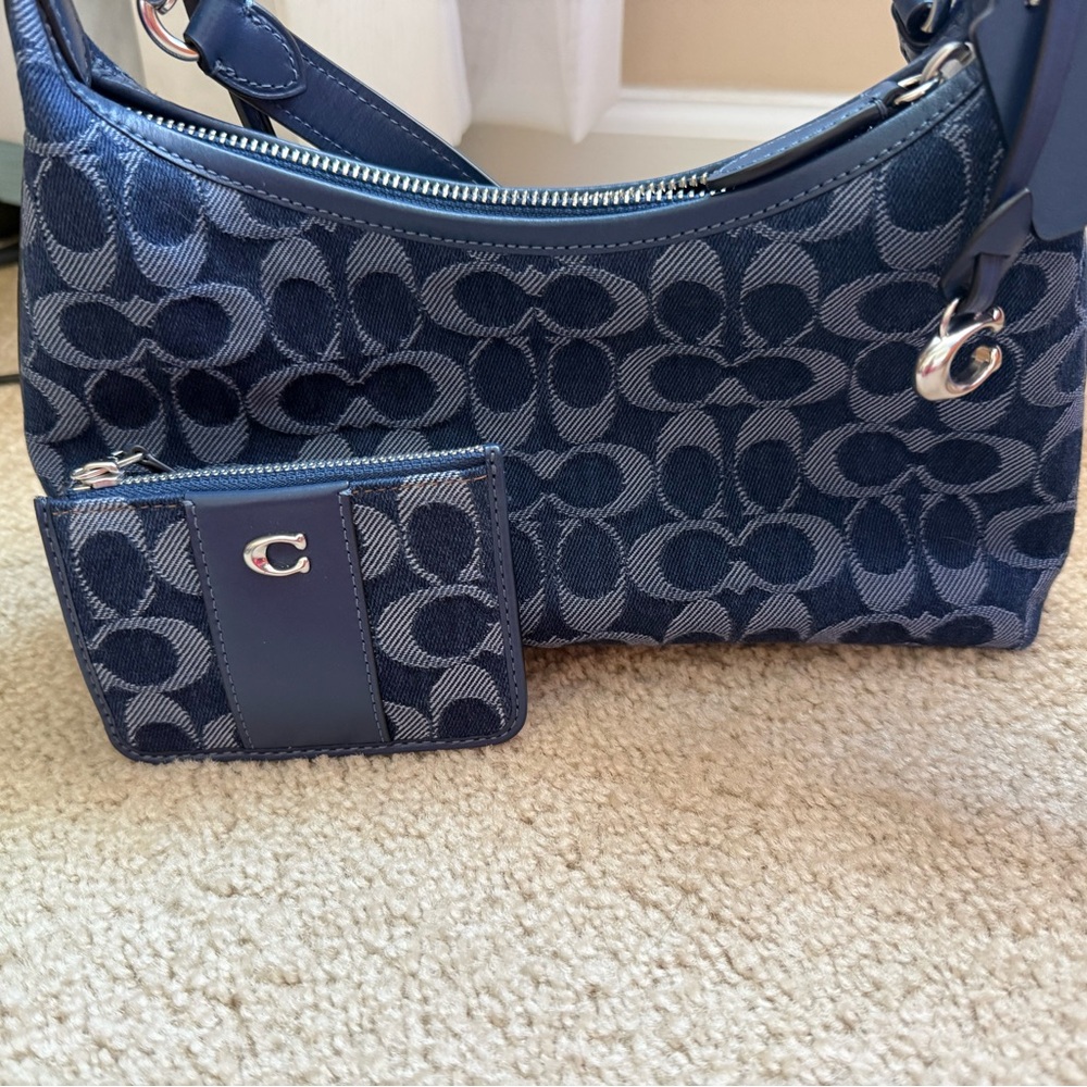 Coach Dark Blue Signature Shoulder Bag with Cardholder